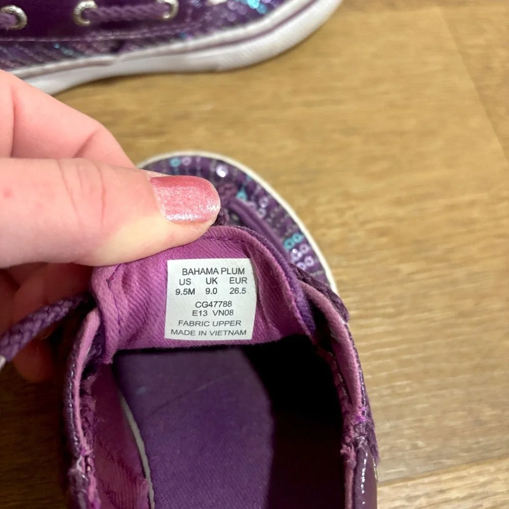 Girls Sperry Top Siders Bahama Purple Plum Sequin Boat Shoe Size 9.5 Sparkle‎